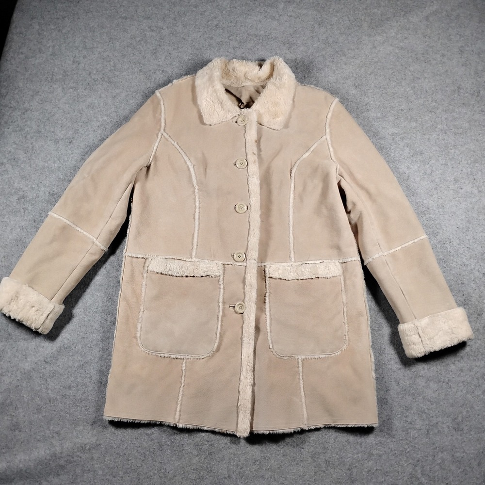 Westbound Womens Medium Tan Genuine Leather Faux Fur Trim Shearling Style Coat